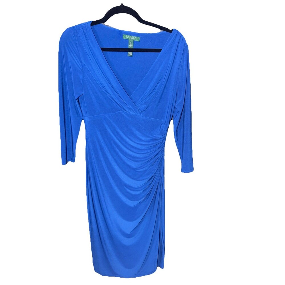 Lauren by Ralph Lauren Sheath Dress Royal Blue 3/4 Sleeve Ruched Lined 6